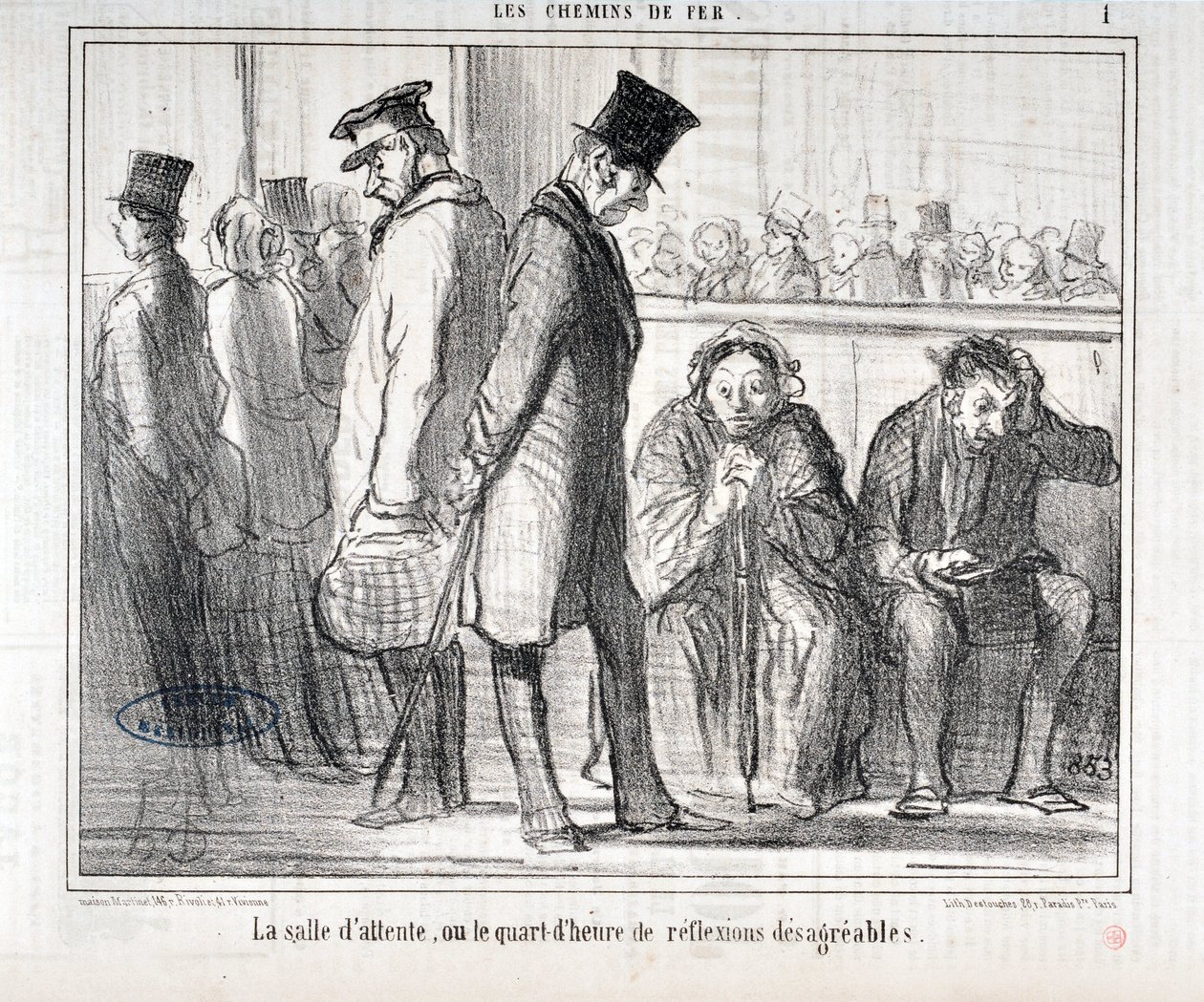 霍诺尔-杜米埃（1808-1879）的作品。Charivari》可追溯到1855年。LES Chemins de fer系列 "候车室或令人不快的反思的一刻钟 "MusEE DES BEAUX ARTS - PALAIS LONGCHAMP, MARSEILLE 作者 奥诺雷·杜米埃