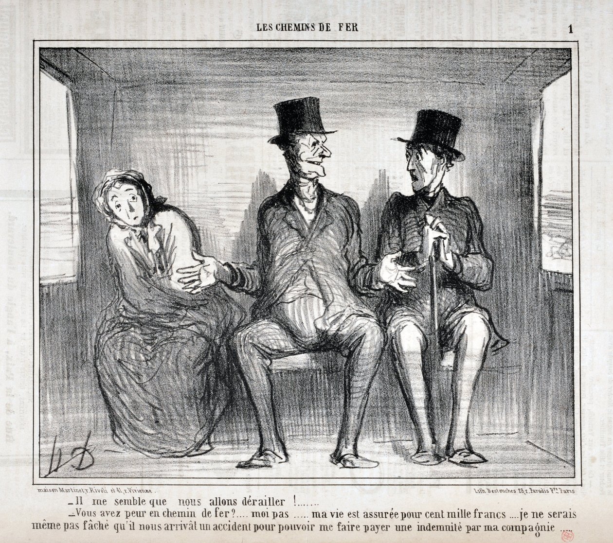霍诺尔-杜米埃（1808-1879）的作品。Charivari》可追溯至1857年。LES RAILWAYS系列 "在我看来，我们会出轨的！......。你在铁路上害怕吗？......我不怕......我的生命有十万法郎的保险......。我甚至不愿意担心 作者 奥诺雷·杜米埃