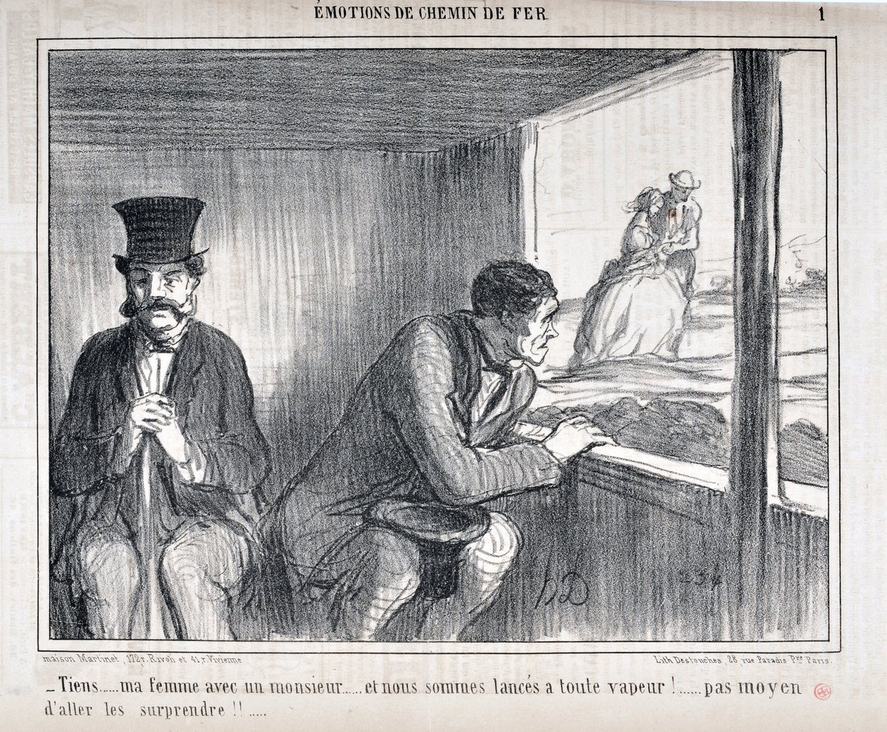 Honore Daumier (1808-1879)的艺术作品《Charivari》可追溯到1858年：《火车上的情绪》系列--"Tiens...ma femme avec un monsieur...et nous sommes lances a toute vapeur！...no way to go surprise them！..."美术馆--龙尚宫，三月 作者 奥诺雷·杜米埃
