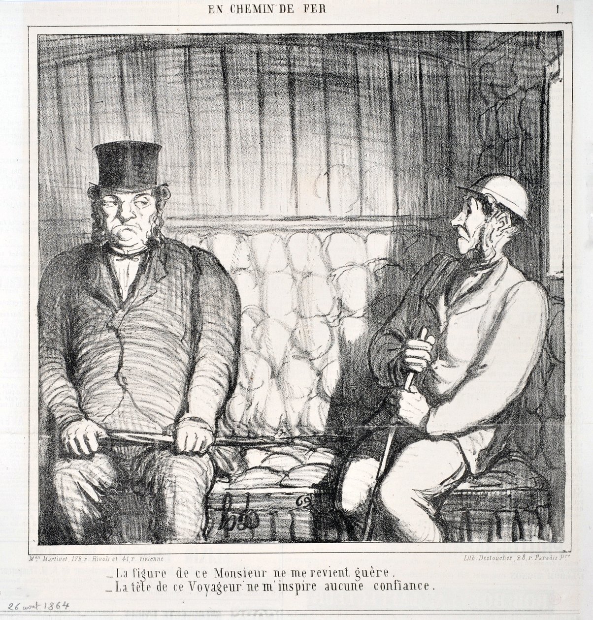 霍诺尔-杜米埃（1808-1879）的作品。Charivari》是1864年创作的。LES CHAINS DE RAILWAY系列 "这位先生的身影没有回到我身边。- 这个旅行者的头像没有给我带来信心"。 作者 奥诺雷·杜米埃