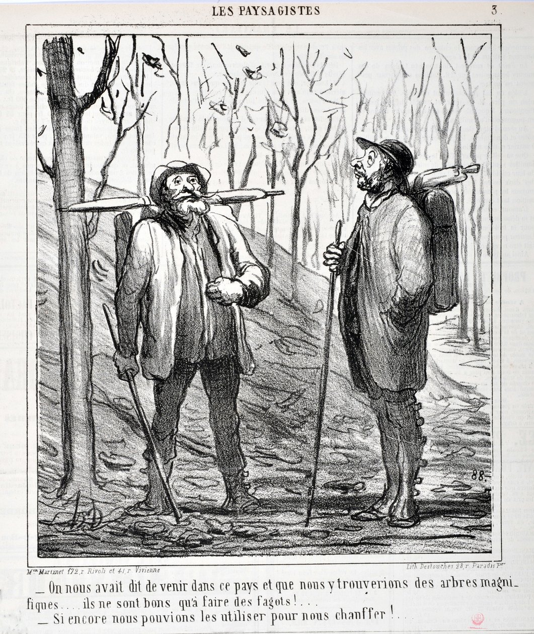 霍诺尔-杜米埃（1808-1879）的作品。Charivari》可追溯到1864年。LES LANDSAGISTS系列 "--有人告诉我们来到这个国家，我们会找到美丽的树木......它们适合做炉子！......"如果我们能用它们来取暖！......"芬兰博物馆 作者 奥诺雷·杜米埃