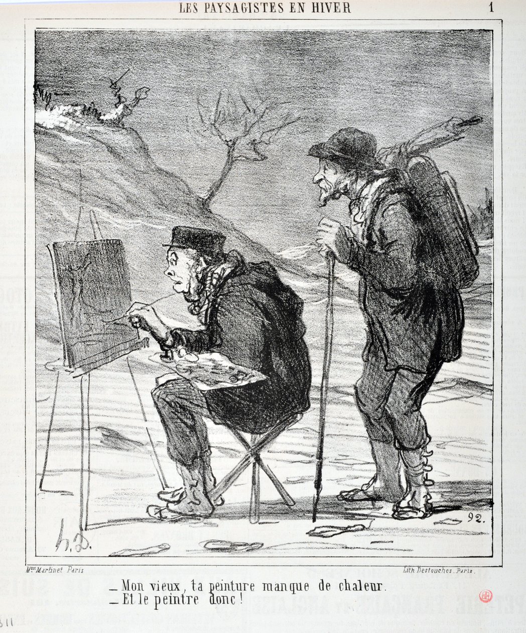 霍诺尔-杜米埃（1808-1879）的作品。Charivari》可追溯到1864年。LES LANDSAGISTS IN WINTER "系列 - 我的老伙计，你的画缺乏热量 - 画家也是如此！"。"马赛隆尚宫美术博物馆，马赛 作者 奥诺雷·杜米埃