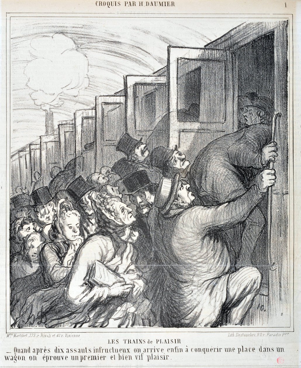 霍诺尔-杜米埃（1808-1879）的作品。Charivari》是1864年的作品。连环画《快乐的火车》--当我们经过十次不成功的进攻后，终于能在马车上征服一个地方时，我们会体验到第一次非常生动的快乐。 作者 奥诺雷·杜米埃