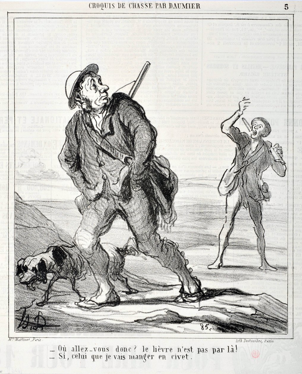 Honore Daumier (1808-1879)的艺术作品《Charivari》可以追溯到1864年。Chasse系列素描 "Ou va donc?野兔没有通过那里！"。- 如果我要吃的是果子狸 "MusEE DES BEAUX ARTS - PALAIS LONGCHAMP, MARSEILLE 作者 奥诺雷·杜米埃