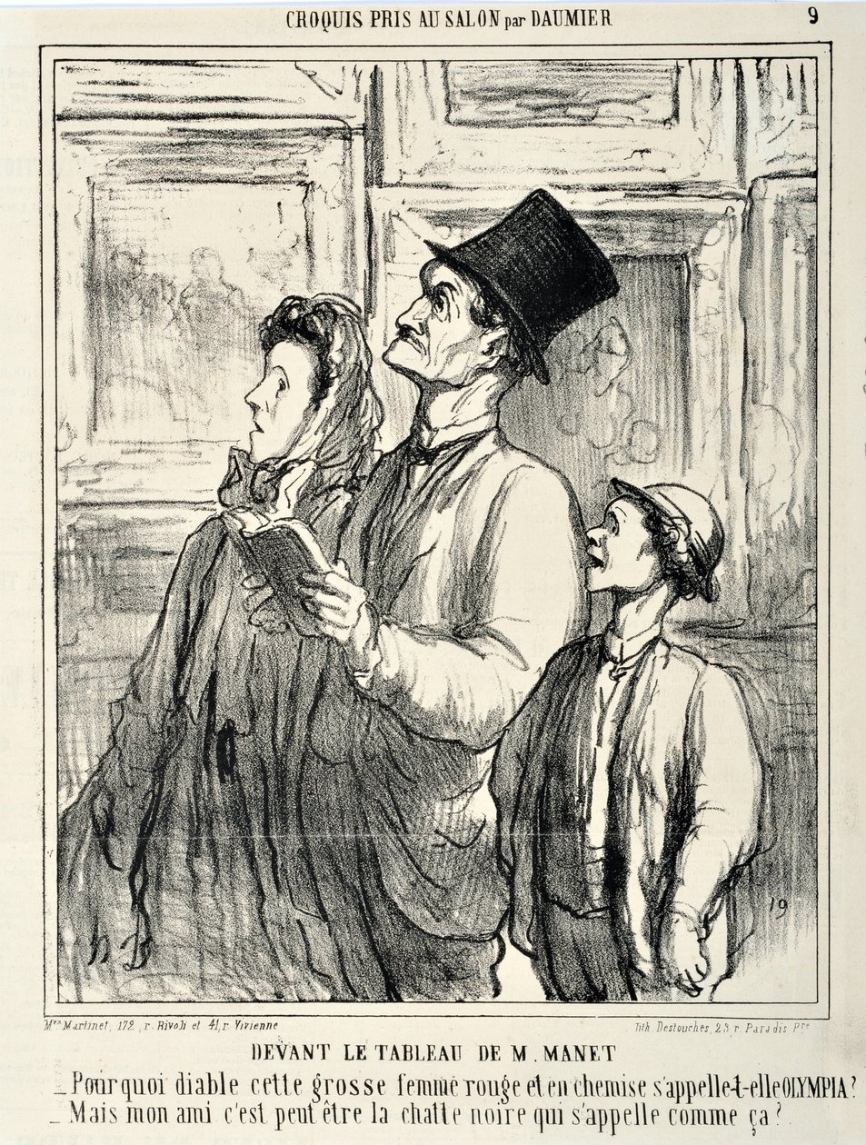 Honore Daumier (1808-1879)的作品Charivari可以追溯到1865年。Serie CRUQUIS PAUIT AU SALON Devant un tableau by Manet "-Why diable cette grosse femme rouge et en chemise s