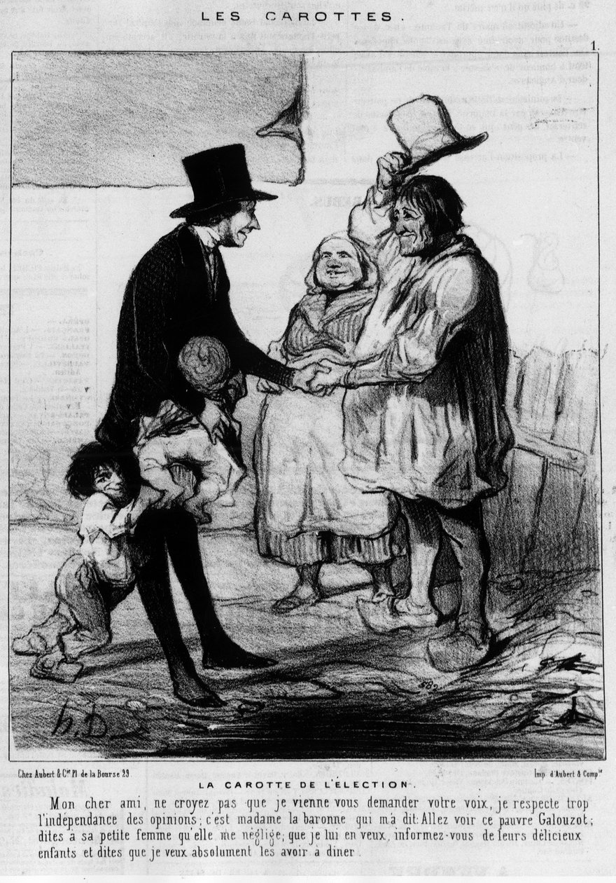 候选人在一个农民家庭中参观选举。"选举的胡萝卜"--杜米埃的漫画，载于1844年3月21日的《查理报》。 作者 奥诺雷·杜米埃