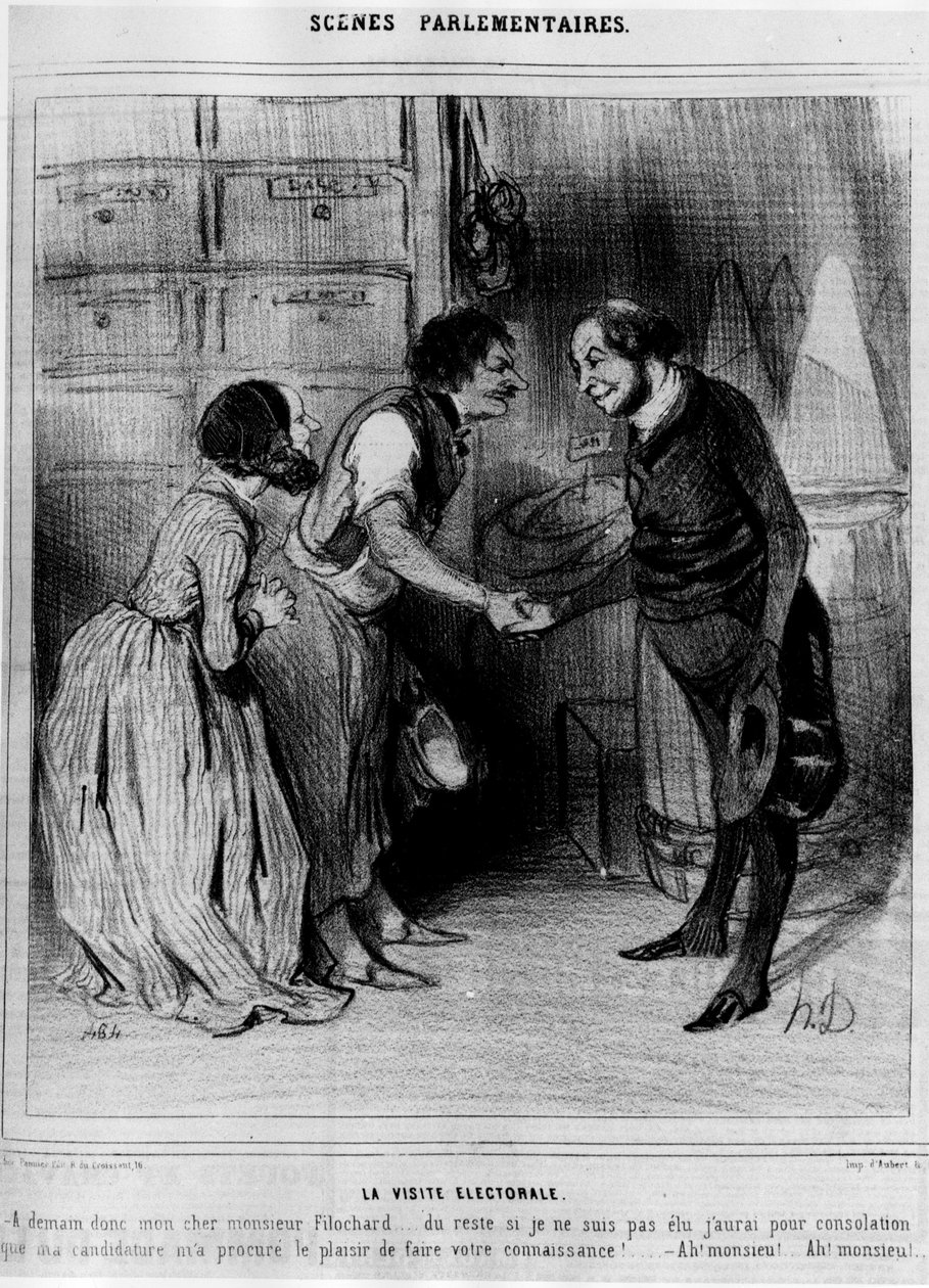 竞选人对商人的访问。"La visite électorale"--杜米埃的漫画，载于1844年4月8日的《查理报》。 作者 奥诺雷·杜米埃
