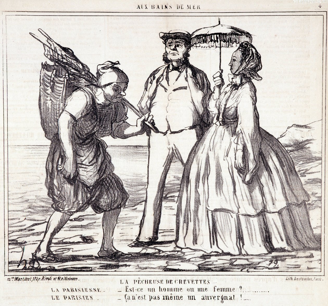 关于巴黎游客度假的漫画。系列 "Ax Bains de Mer"。"捕虾的人......"Honore DAUMIER (1808-1879)的版画。摘自9月5日的报纸 "Le Charivari"。 作者 奥诺雷·杜米埃