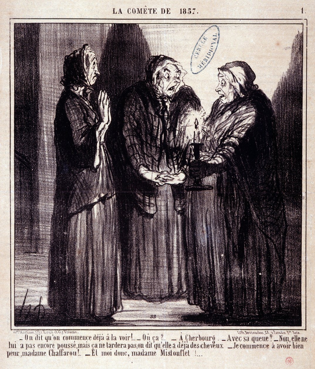 关于科学的漫画。1857年的科米特 "系列。"他们说我们已经开始看到她了！......"Honore DAUMIER (1808-1879)的版画。摘自3月7日的《查理报》。 作者 奥诺雷·杜米埃