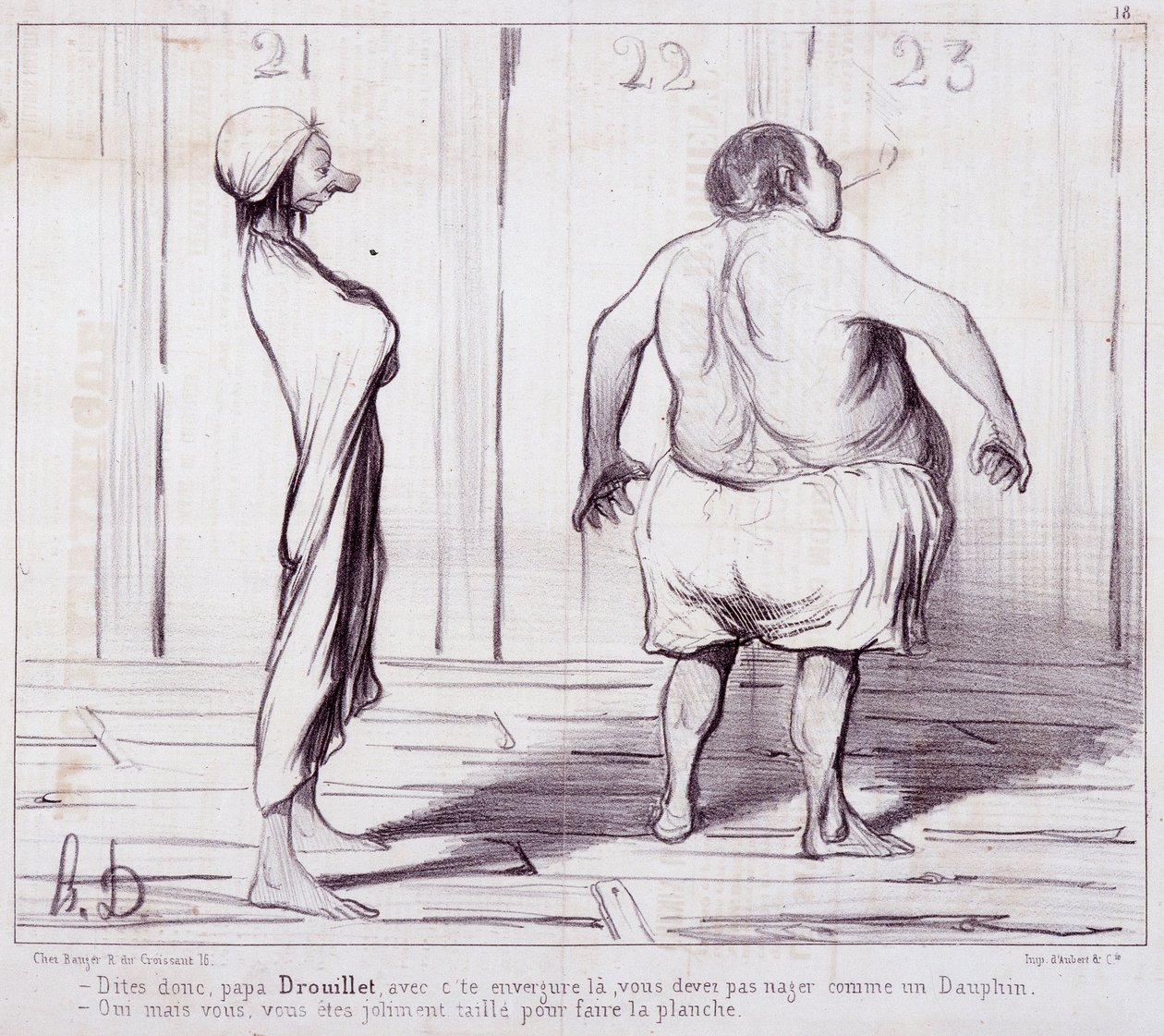 关于出场的动画片。沐浴者 "系列。告诉爸爸Drouillet......"Honore DAUMIER (1808-1879)的版画。摘自报纸 "Le Charivari"。箱子12 马赛，隆尚宫美术博物馆，收藏的《艺术画报》。 作者 奥诺雷·杜米埃
