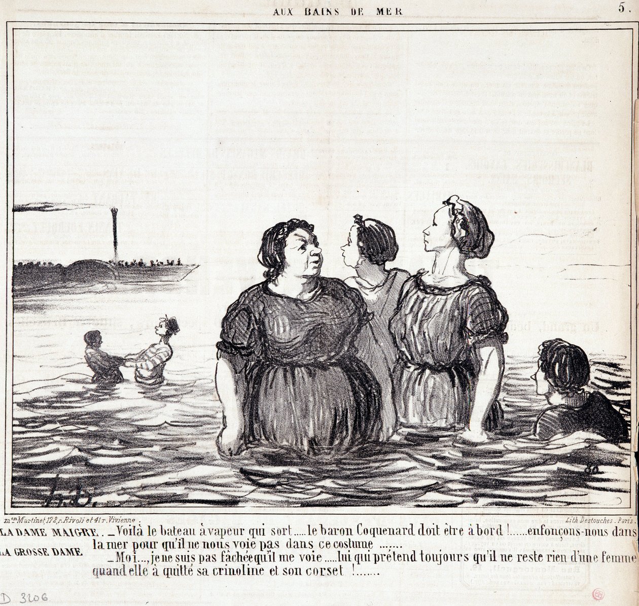 关于外观和时尚的漫画。"Les Bains de Mer "系列。"瘦女人（......），胖女人（......）"Honore DAUMIER（1808-1879）的雕刻。摘自9月16日的报纸 "Le Charivari"。 作者 奥诺雷·杜米埃