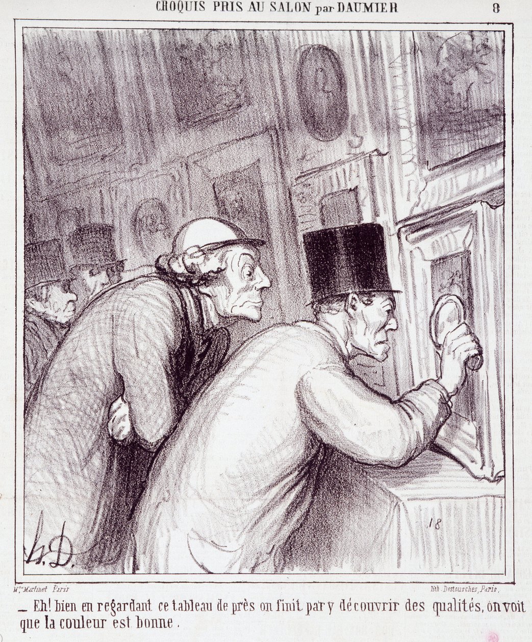 Cartoon about art lovers. Series “” Sketch taken at the Salon by Daumier”: “” Eh! well looking at this painting, we end up discovering quality, we see that the color is good””. Engraving by Honore DAUMIER (1808-1879). Extract from the newspaper “” Le Chari 作者 奥诺雷·杜米埃