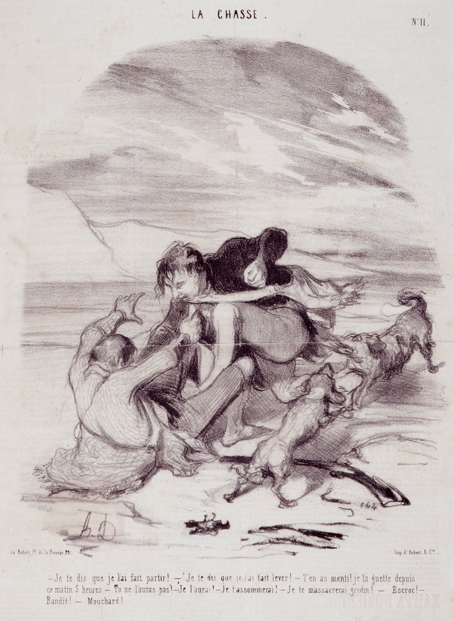 关于猎人的动画片。系列 "生命中的美丽日子--狩猎"。"我告诉你，我让他离开......"雕刻家Honore DAUMIER (1808-1879)的作品。摘自1月10日的《查理报》（Le Charivari）。 作者 奥诺雷·杜米埃