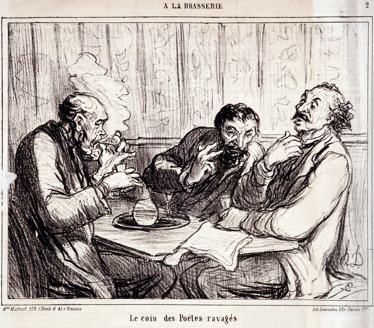关于诗歌作家的漫画。"A la brasserie "系列。"被蹂躏的诗人的角落"。雕刻家Honore DAUMIER (1808-1879)的作品。摘自1月7日的《查理报》。 作者 奥诺雷·杜米埃