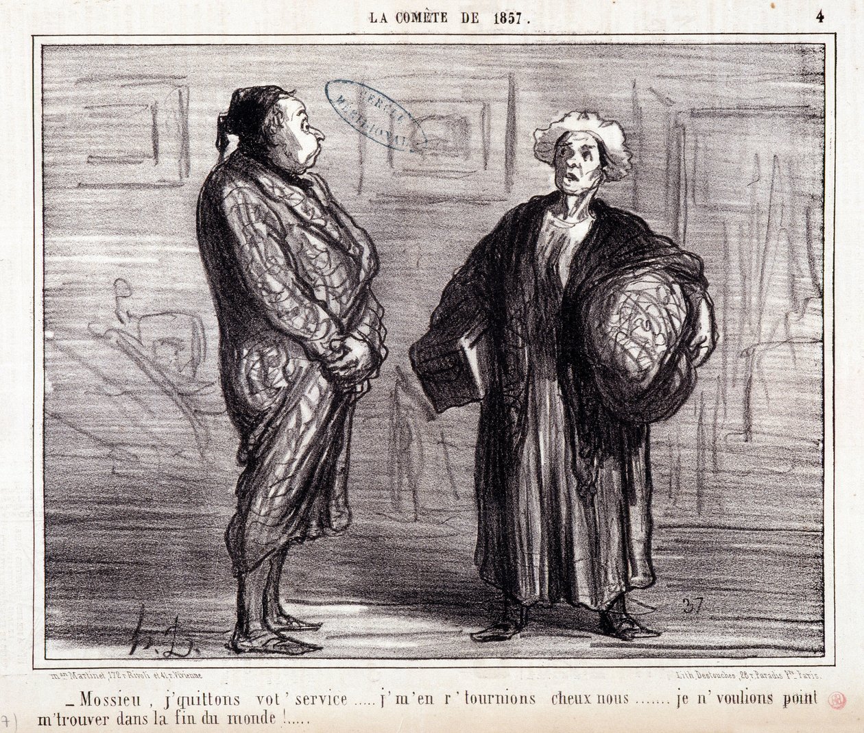 Cartoon about science. Serie “” On the Comete of 1857””: “” Mossieu, I leave your service...”” Engraving by Honore DAUMIER (1808-1879). Extract from the newspaper “” Le Charivari”” on March 13 作者 奥诺雷·杜米埃