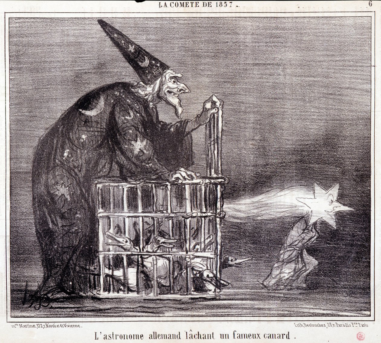 关于科学的动画片。Serie Sur "1857年的科米特"。"德国天文学家离开了一只著名的鸭子"。Honore DAUMIER (1808-1879)的雕刻。摘自3月2日的《查理报》（Le Charivari）。 作者 奥诺雷·杜米埃
