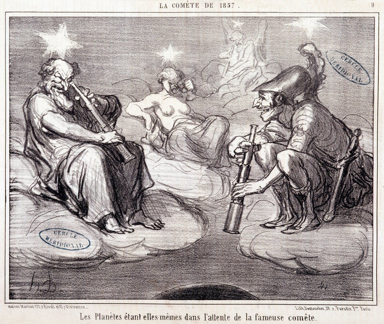 关于科学的卡通片。 Serie Sur“1857年的彗星”：“行星本身正在等待着名的彗星”“”。 Honore DAUMIER (1808-1879) 雕刻，3 月 25 日 作者 奥诺雷·杜米埃