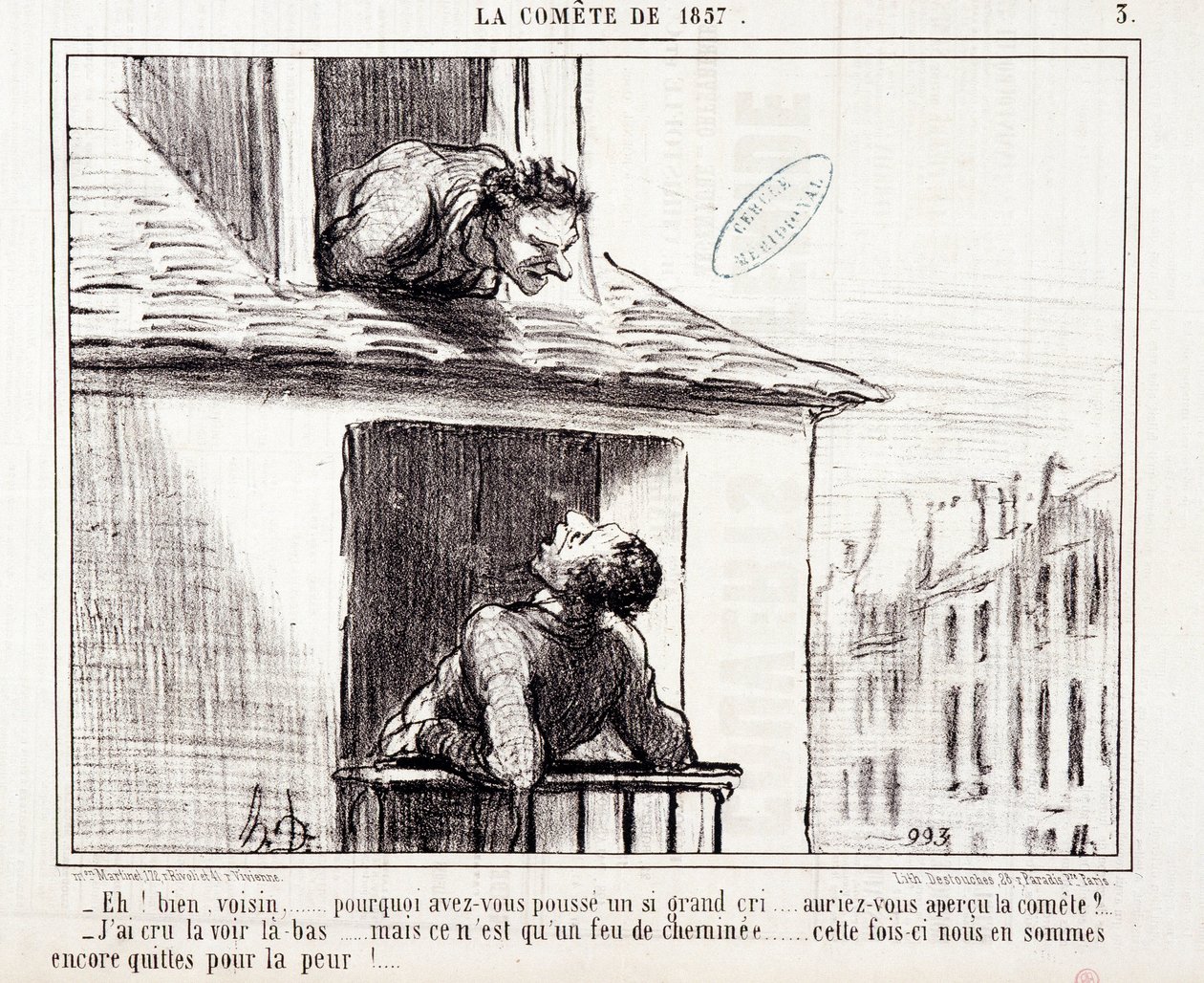 关于科学的动画片。瑟尔 "1857年的科米特"。"好吧，邻居......你为什么会发出如此大的哭声......"雕刻家Honore DAUMIER (1808-1879)的作品。摘自3月11日的《查理报》（Le Charivari）。 作者 奥诺雷·杜米埃