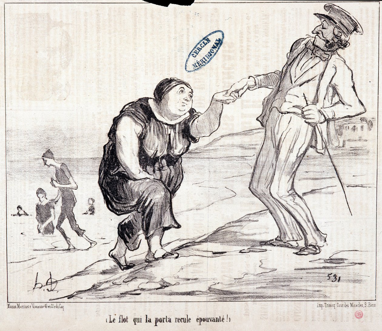 Cartoon about tourists on vacation. Serie “” Ax Bains de Mer: “” The flood that carried it back frightening! “” Engraving by Honore DAUMIER (1808-1879). Extract from the newspaper “” Le Charivari”” 作者 奥诺雷·杜米埃