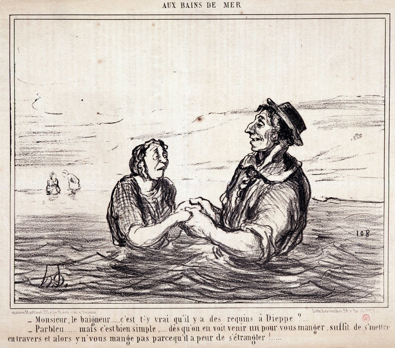 关于游客度假的漫画。aux Bains de Mer "系列。"洗澡先生......迪耶普有鲨鱼是真的吗？Honore DAUMIER (1808-1879)的版画。摘自6月8日的报纸 "Le Charivari"。 作者 奥诺雷·杜米埃