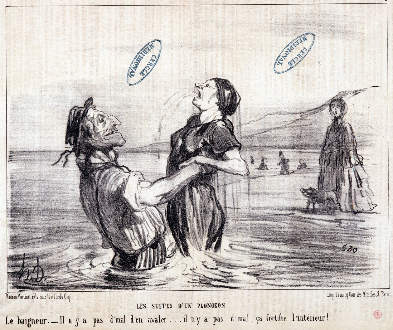 关于游客度假的漫画。系列 "Les Bains de Mer"。"水中素描。潜水的顺序"。由Honore DAUMIER（1808-1879）雕刻。摘自1853年的报纸 "Le Charivari"。尺寸：24x28厘米。Inv 2453 - box 12 N¡1.马赛，M 作者 奥诺雷·杜米埃