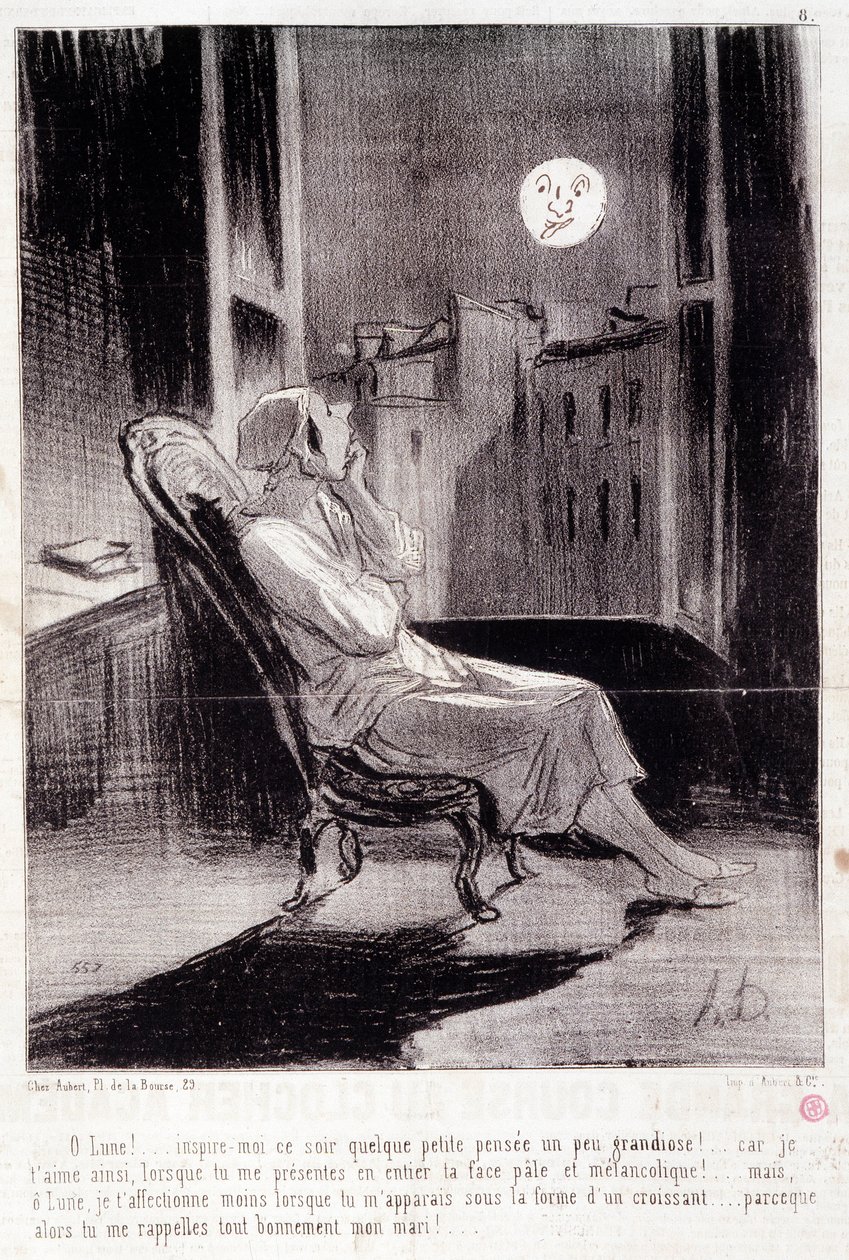 关于女作家的漫画。系列 "Bas Bleus"。"哦！今晚月亮激励着我......"Honore DAUMIER (1808-1879)的版画。摘自2月28日的《查理报》。 作者 奥诺雷·杜米埃