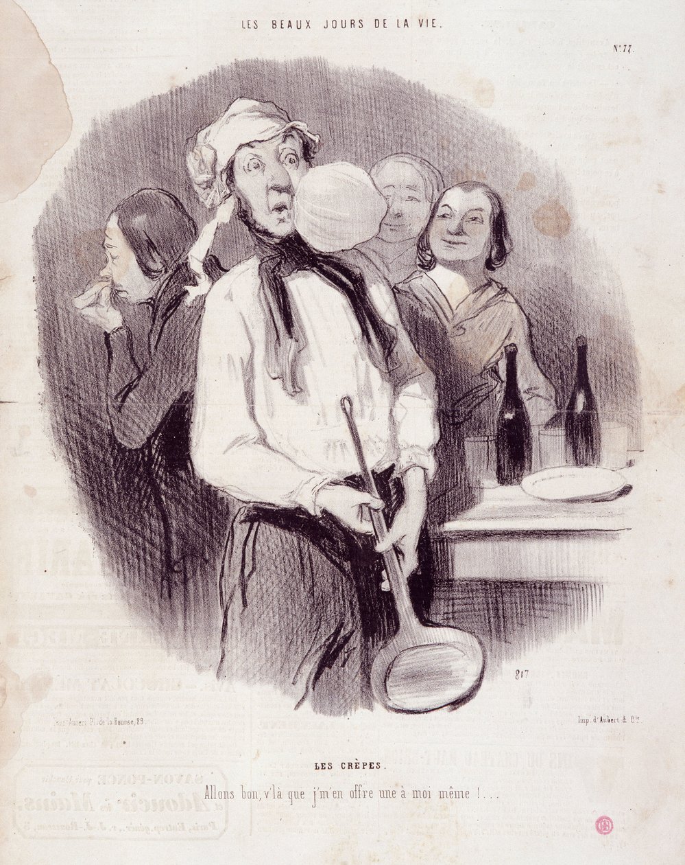 一个笨拙的人的漫画。"生活中的美好时光 "系列。"Les crepes..."Honore DAUMIER（1808-1879）的雕刻。摘自11月14日的《查理报》。 作者 奥诺雷·杜米埃