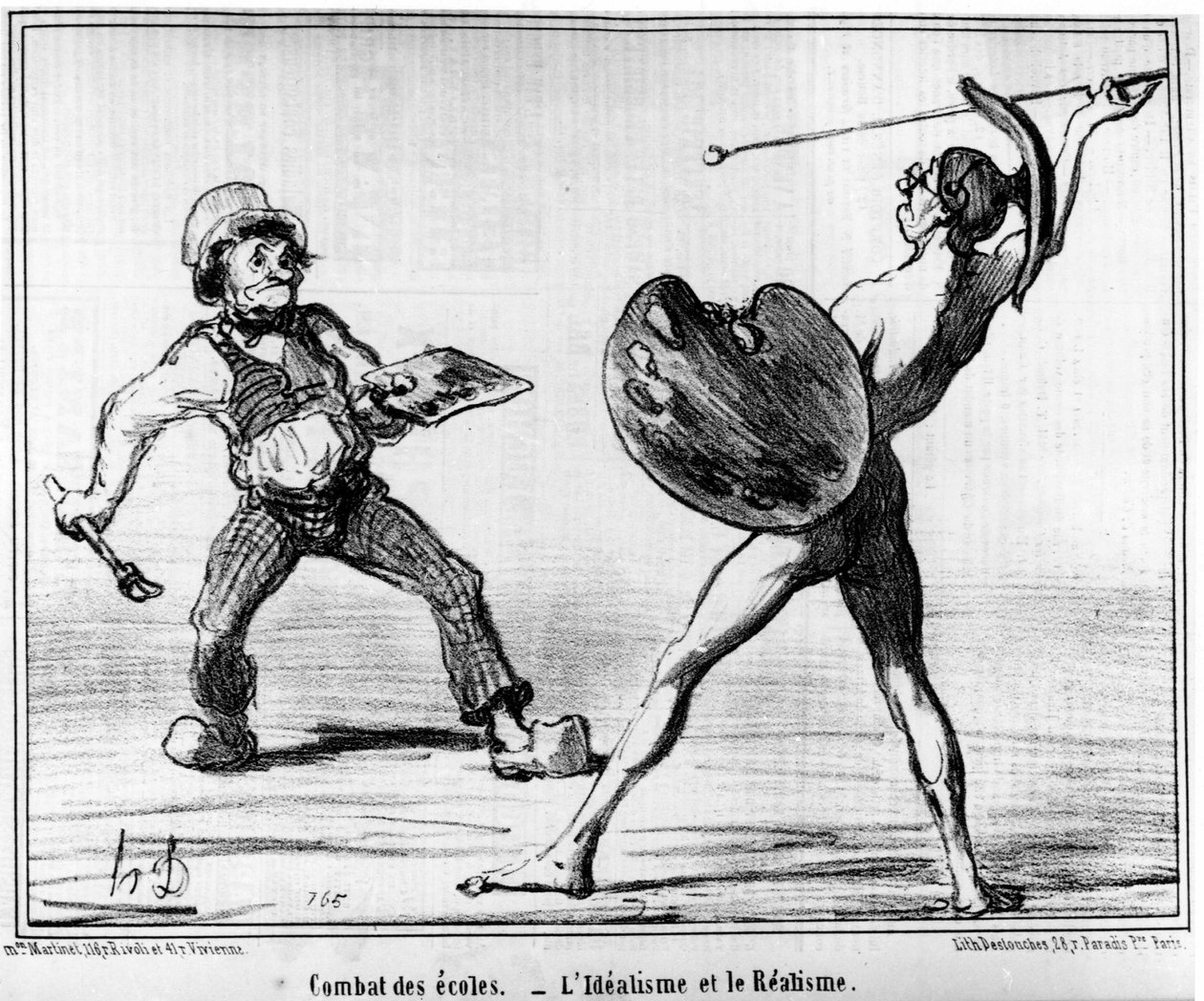 学校的战斗。理想主义和现实主义，摘自 "绘画和沙龙"，Honore Daumier（1808-1879）的漫画系列。"Charivari" 作者 奥诺雷·杜米埃