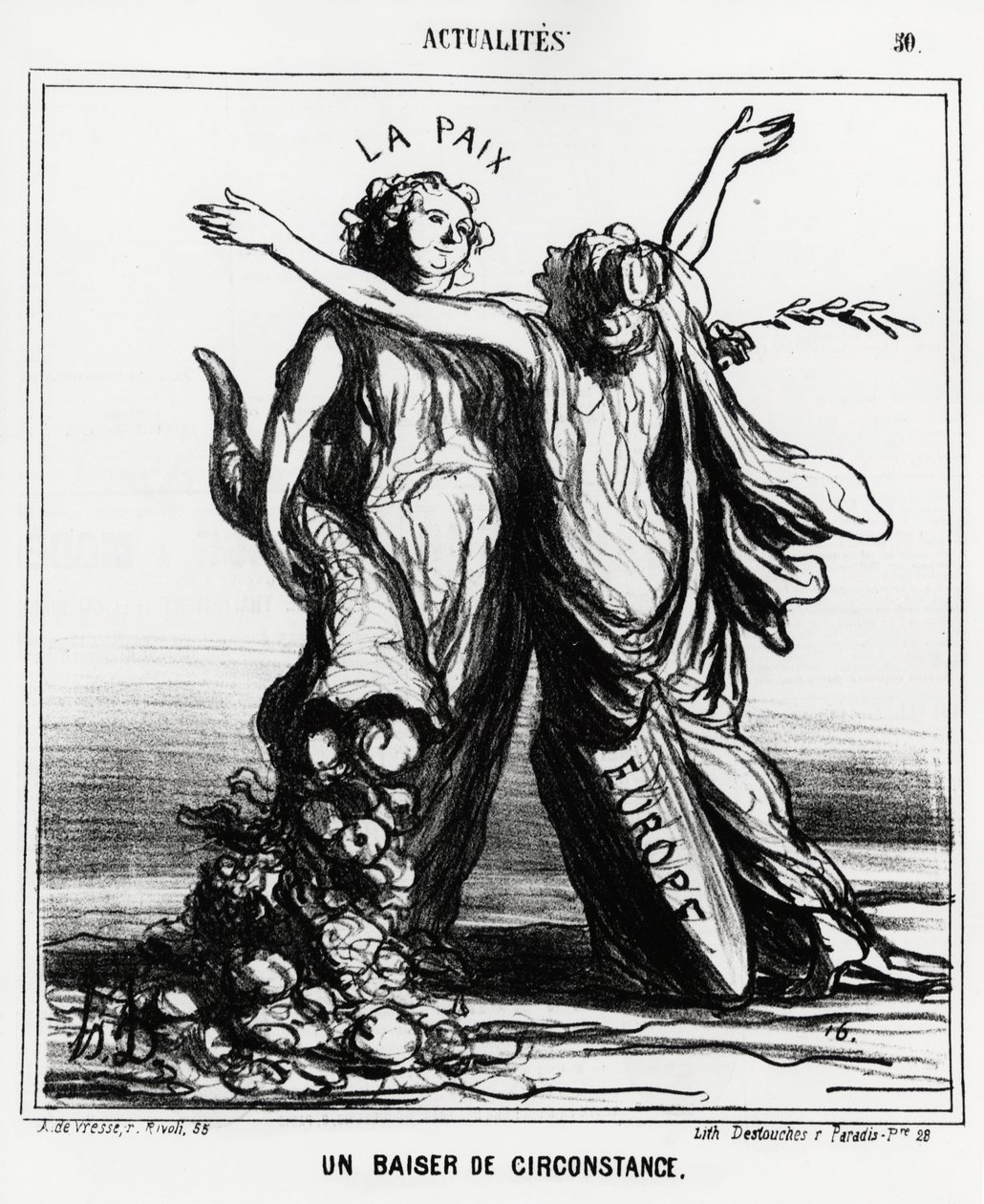 欧洲与和平：一个特别的吻。奥诺尔-道米埃（1808-1879）的插图，发表在4月1日的新闻《Charivari》上。 作者 奥诺雷·杜米埃