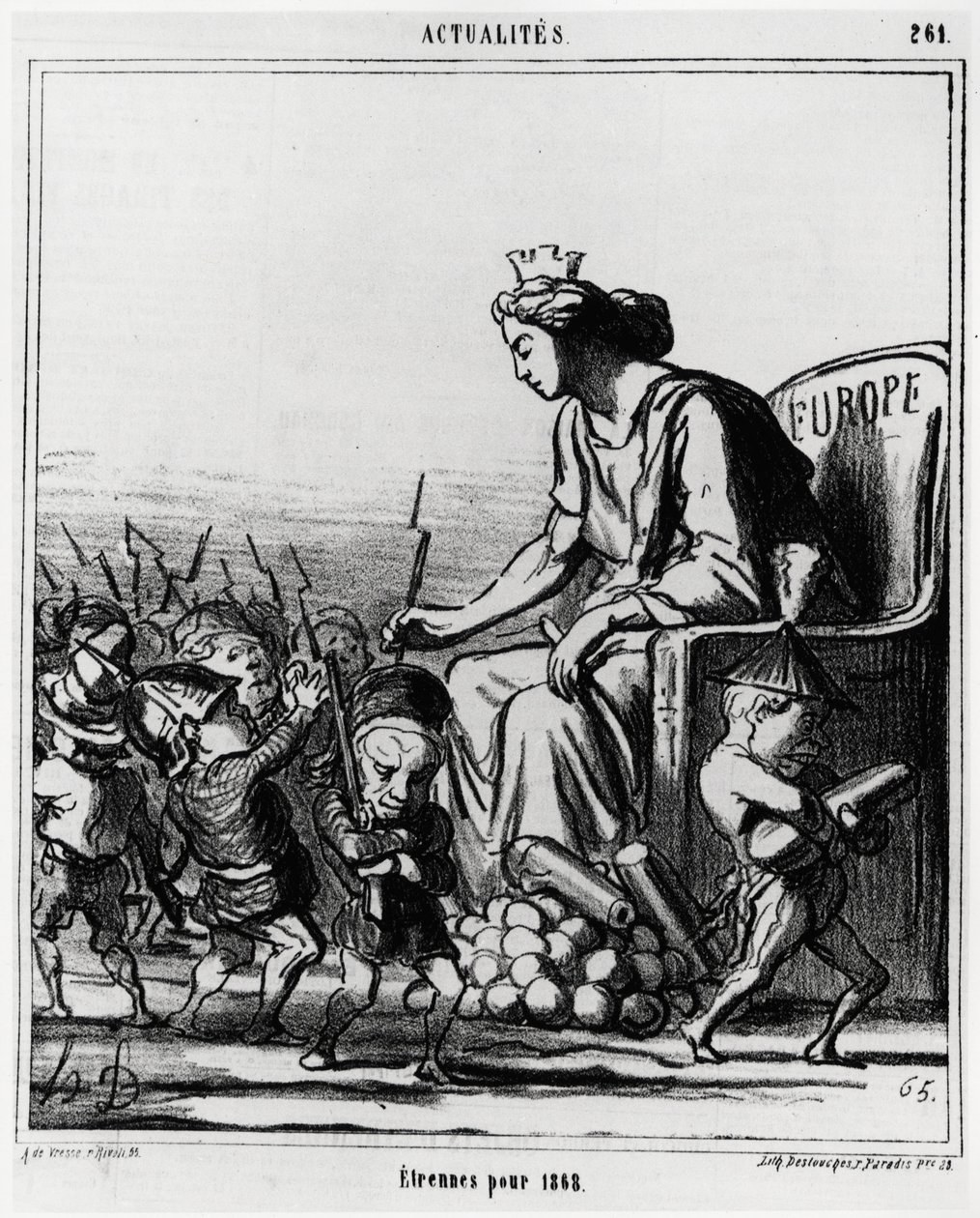 欧洲：1868年的外国。欧洲向每个国家的代表分发枪支和大炮，通过他们的帽子可以识别。奥诺尔-道米埃（1808-1879）的插图，发表在1867年12月23日的新闻《查理报》上。 作者 奥诺雷·杜米埃