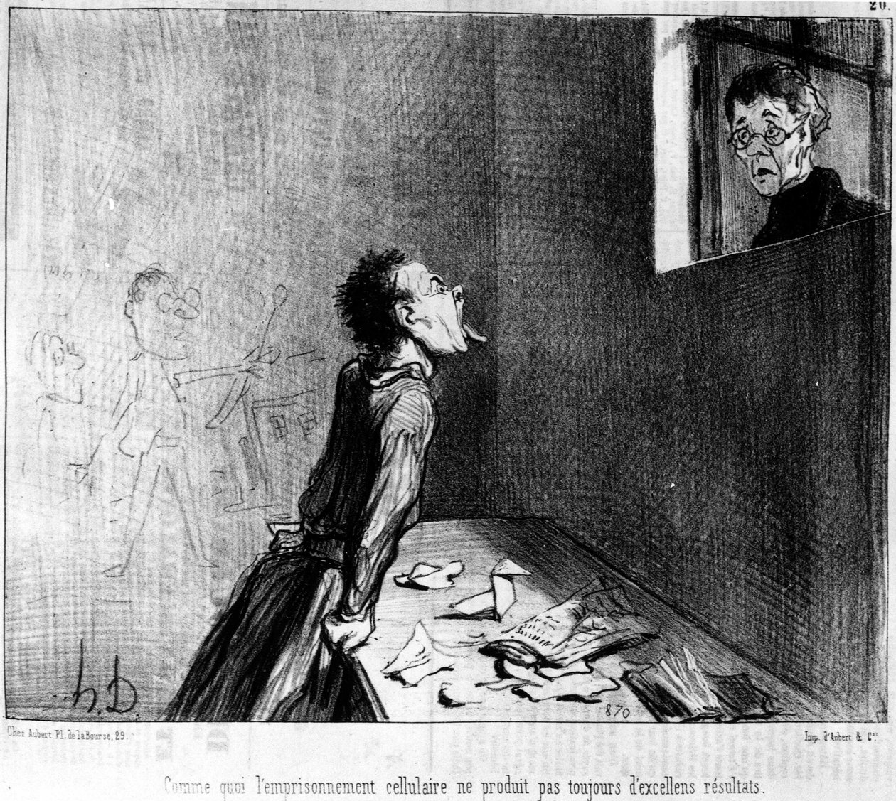 隔离监禁并不总是产生很好的效果，这是一幅关于Honore Daumier（1808-1879）的教授和Moutards的系列漫画。"Charivari" 作者 奥诺雷·杜米埃