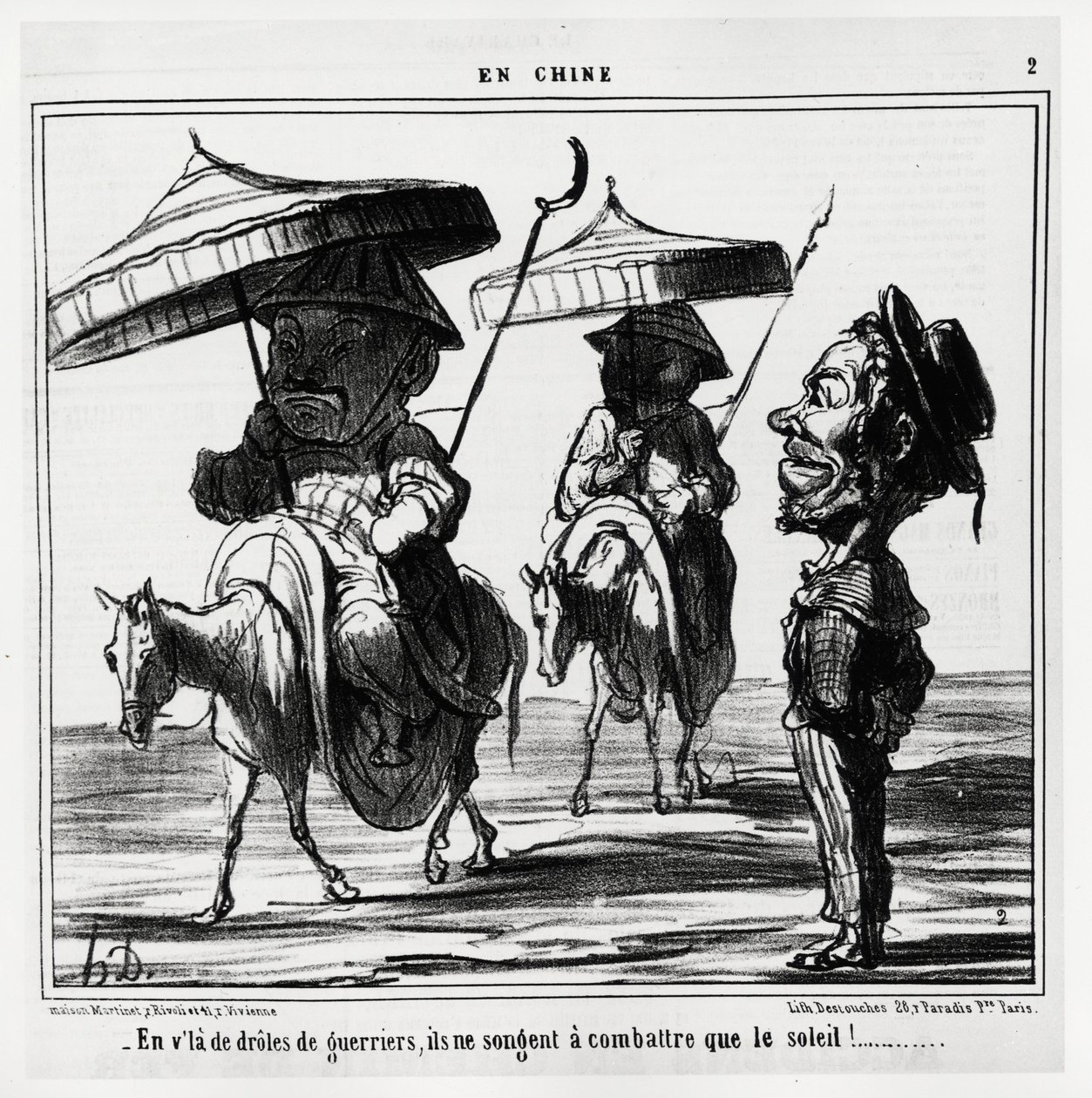 在这些有趣的战士中，他们只想着与太阳作战。在《中国》系列中，Honore Daumier（1808-1879）的插图，发表在《Charivari》上，日期为1月8日。 作者 奥诺雷·杜米埃