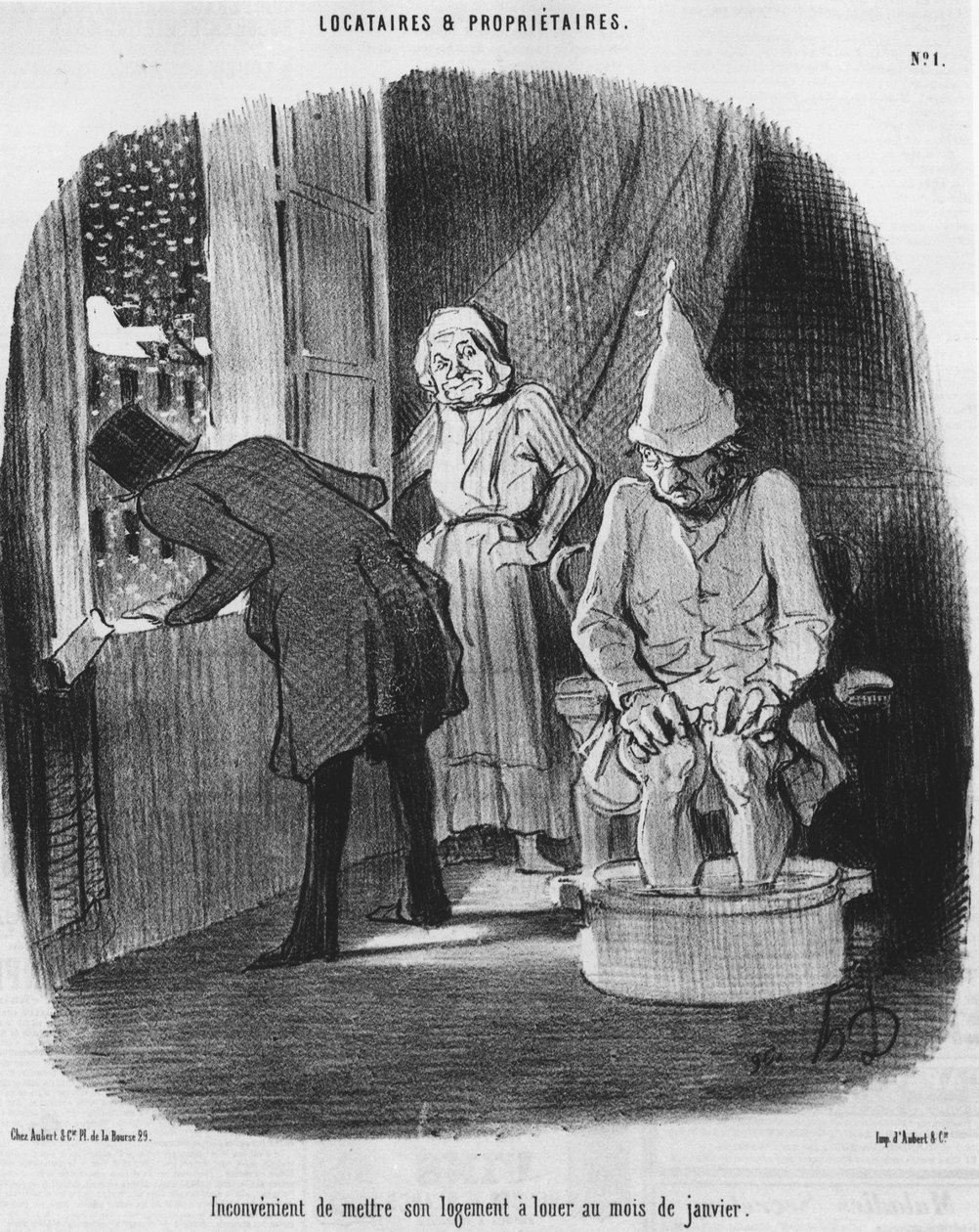 不方便在一月将他的住宅出租，取自Honore Daumier（1808-1879）的漫画系列 "房客和房主"。"Charivari" 作者 奥诺雷·杜米埃