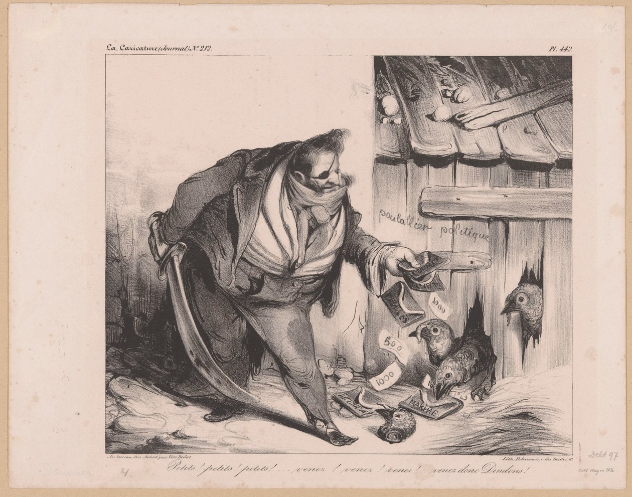 法国国王路易-菲利普一世扮演强盗的漫画
Petits！petits！petits！(...) Venez donc dindons！(物体上的标题） 作者 奥诺雷·杜米埃