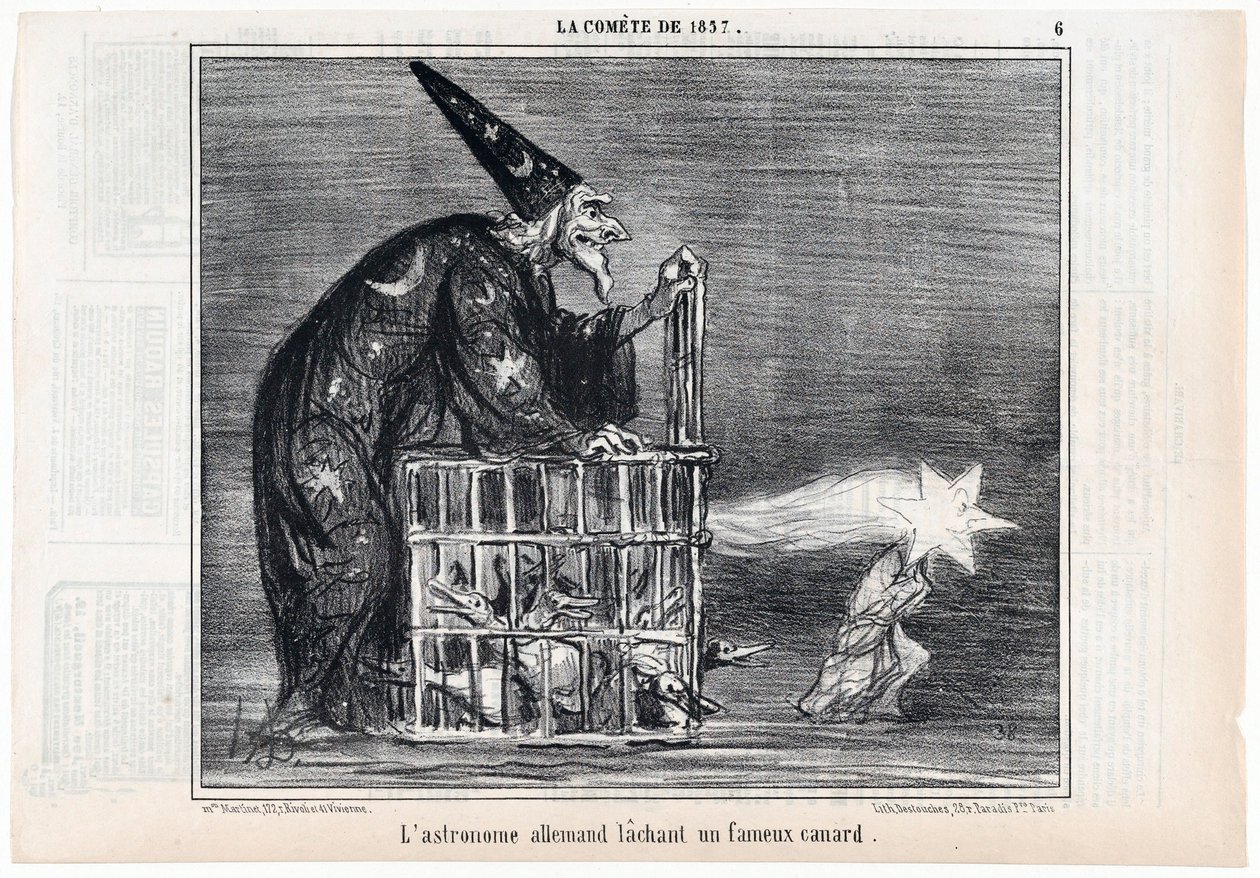 1857年的彗星，德国天文学家释放了一只著名的鸭子，来自Le Charivari, pub.1858.   作者 奥诺雷·杜米埃