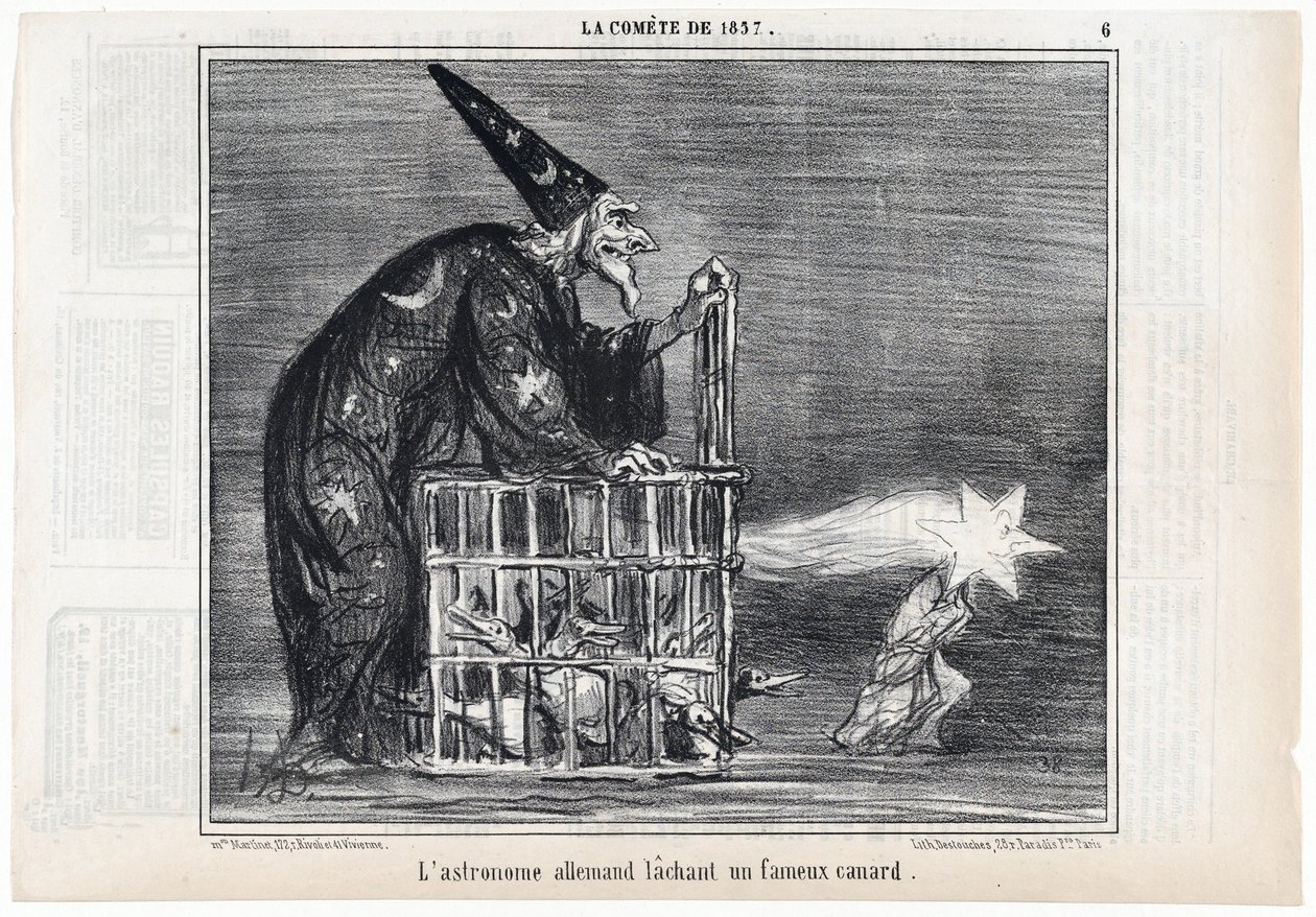 1857年的彗星，"德国天文学家释放了一只著名的鸭子"，来自Le Charivari, pub.1858年（雕刻）。 作者 奥诺雷·杜米埃