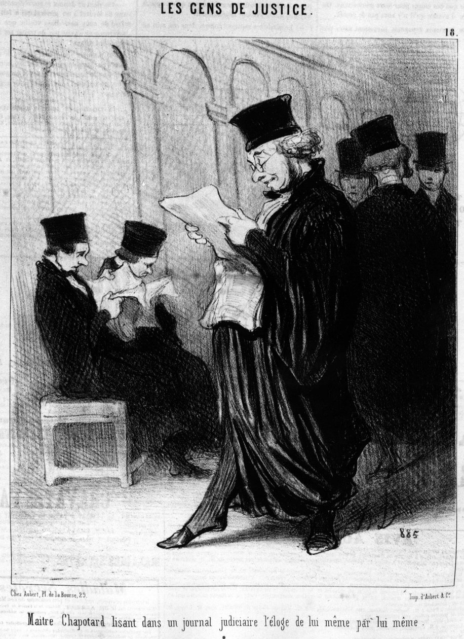 Chapotter先生在一本司法杂志上阅读自己对自己的赞美，摘自Honore Daumier（1808-1879）的 "Gens de Justice"，关于司法的系列漫画。"Charivari" 作者 奥诺雷·杜米埃