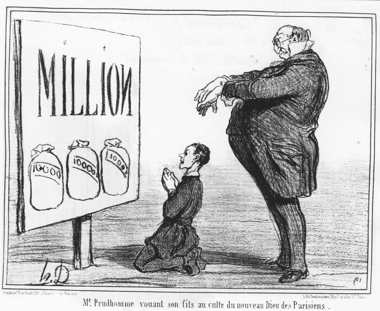 Prudhomme先生将他的儿子献给巴黎人的新神崇拜：摘自《新闻》，这是Honore Daumier（1808-1879）关于银器崇拜的系列漫画。漫画 作者 奥诺雷·杜米埃