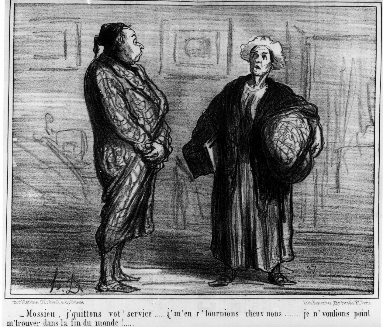 Mossieu，我离开你的服务......我不想在世界的尽头！...霍诺尔-道米埃（1808-1879）的漫画。"Charivari" 作者 奥诺雷·杜米埃