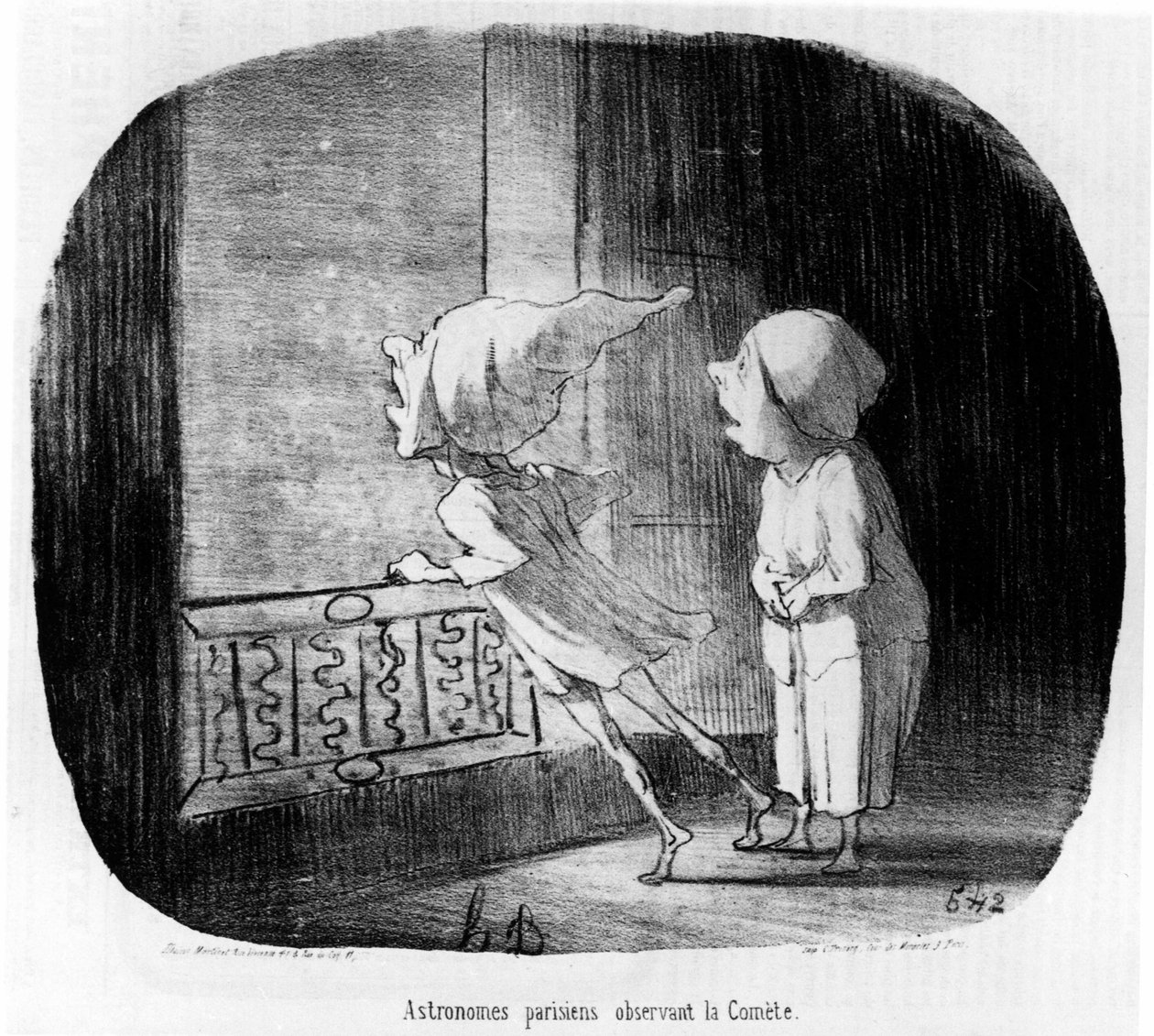 巴黎天文学家在观测彗星，摘自 "天文学"，这是Honore Daumier（1808-1879）关于天文学家和彗星的系列漫画。"Charivari" 作者 奥诺雷·杜米埃