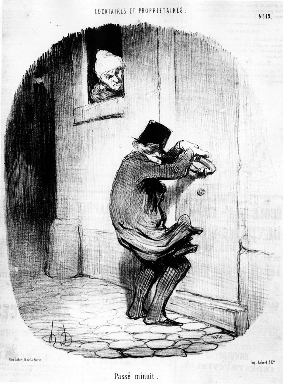 午夜过后。男人晚归的房客，出自《房客与业主》，Honore Daumier（1808-1879）的漫画系列。"Charivari" 作者 奥诺雷·杜米埃