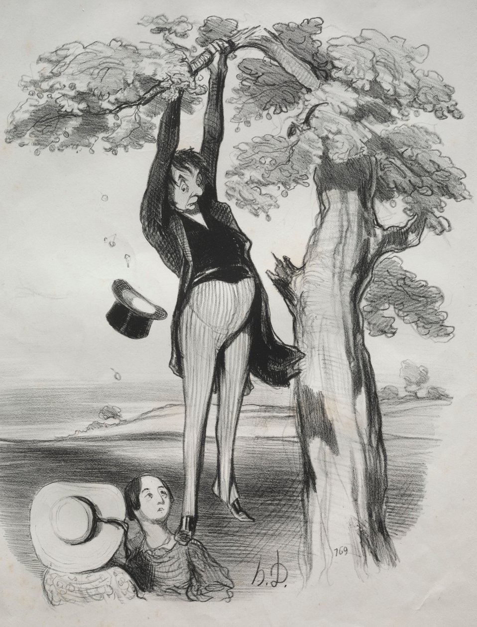 游牧民族，图2：过于剧烈地摇摇梅树的危险...，1845年。 作者 奥诺雷·杜米埃