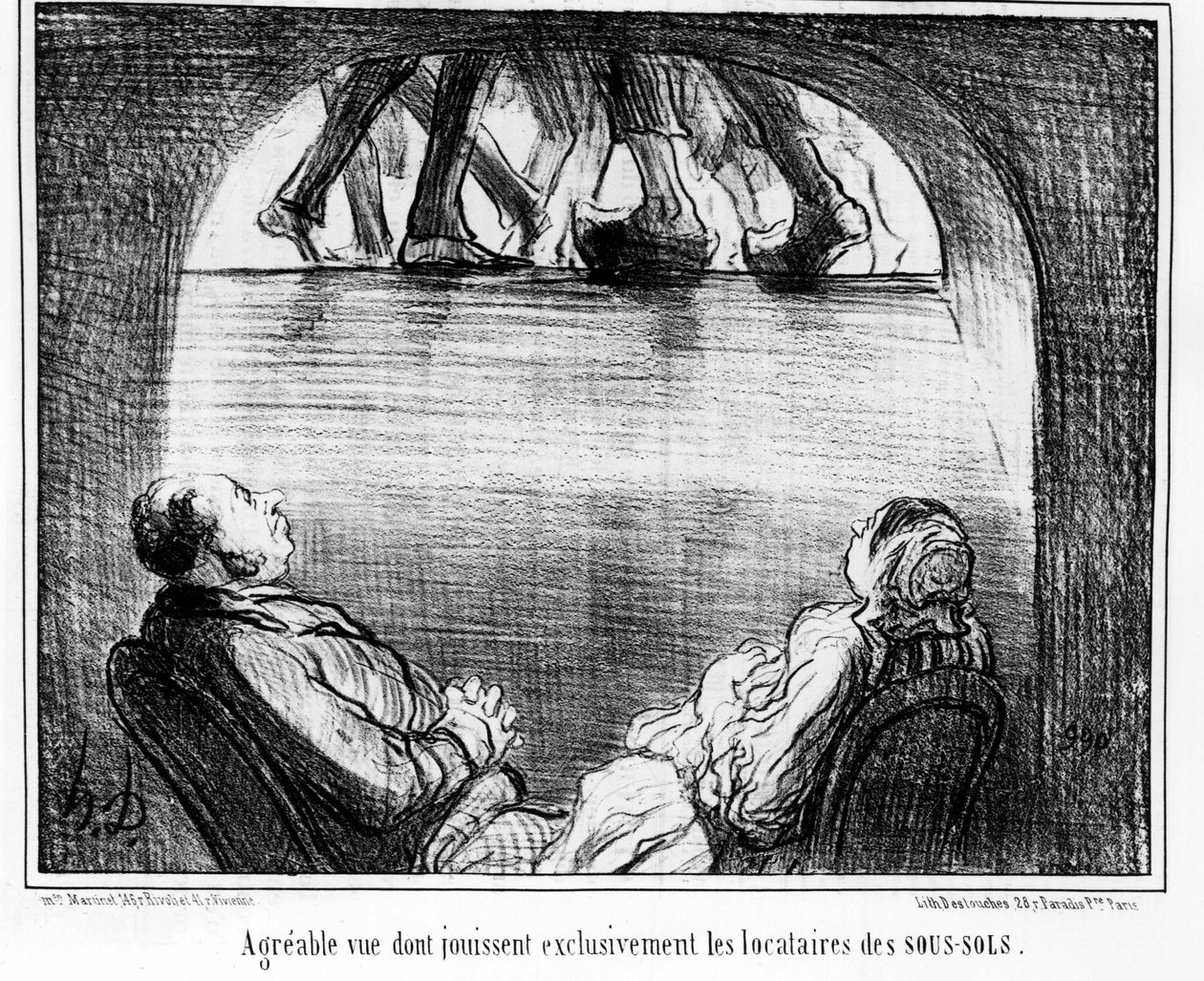 地下室租户独享的怡人景色，摘自霍诺尔-道米埃（1808-1879）的漫画系列《租户与业主》。"Charivari" 作者 奥诺雷·杜米埃