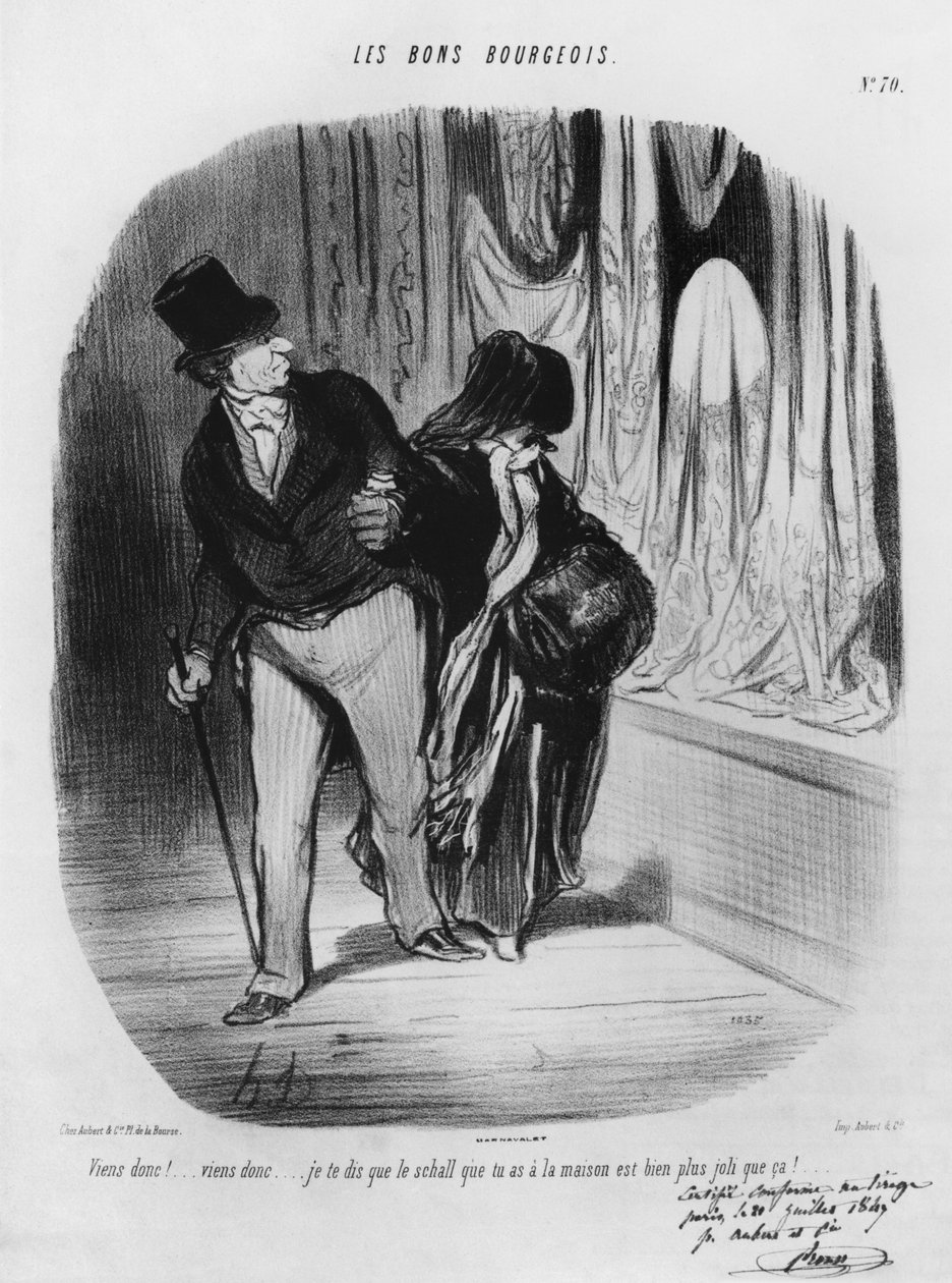 系列&39;Les Bons Bourgeois&39;，来吧，我告诉你你家里的围巾更漂亮，70块板块，1847年&39;Album Les Bons Bourgeois&39;的插图 作者 奥诺雷·杜米埃
