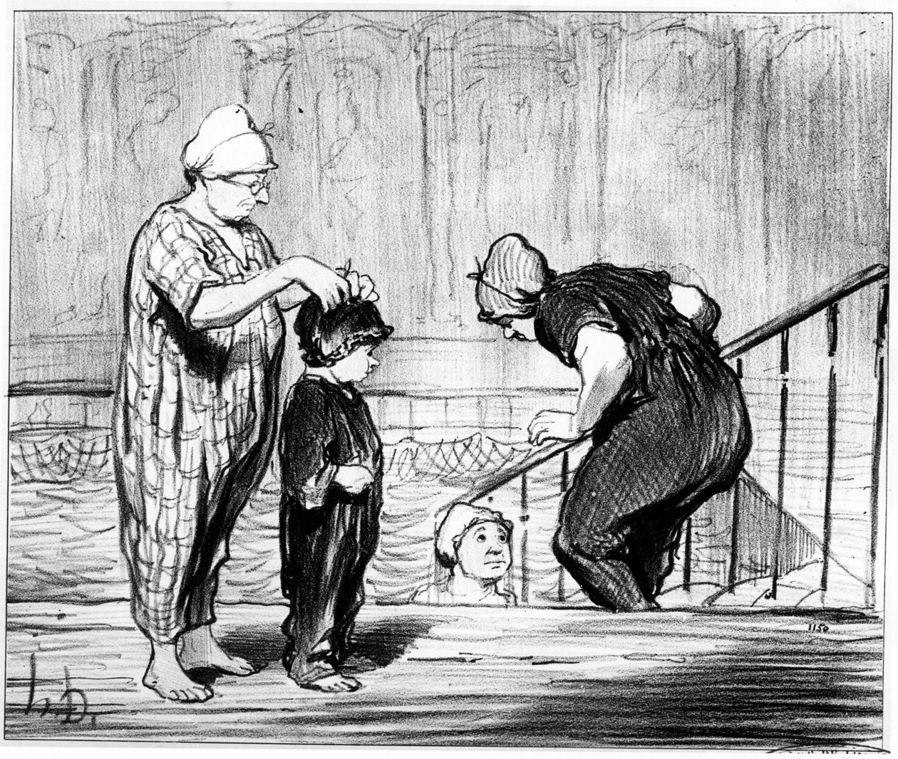 游泳池：Honore Daumier (1808-1879)创作的关于游泳和四笔浴的 "夏季素描 "系列漫画中的插图。"Charivari"，约1850年。 作者 奥诺雷·杜米埃