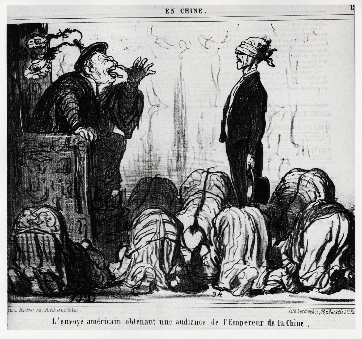 美国特使得到中国皇帝的接见。在《中国》系列中，由Honore Daumier（1808-1879）绘制的插图，发表在《Charivari》上，日期为10月21日。 作者 奥诺雷·杜米埃