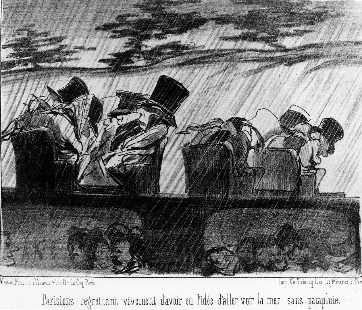 快乐的火车：雨中的旅行者--杜米埃的作品，载于1852年8月28日的《查理报》。 作者 奥诺雷·杜米埃