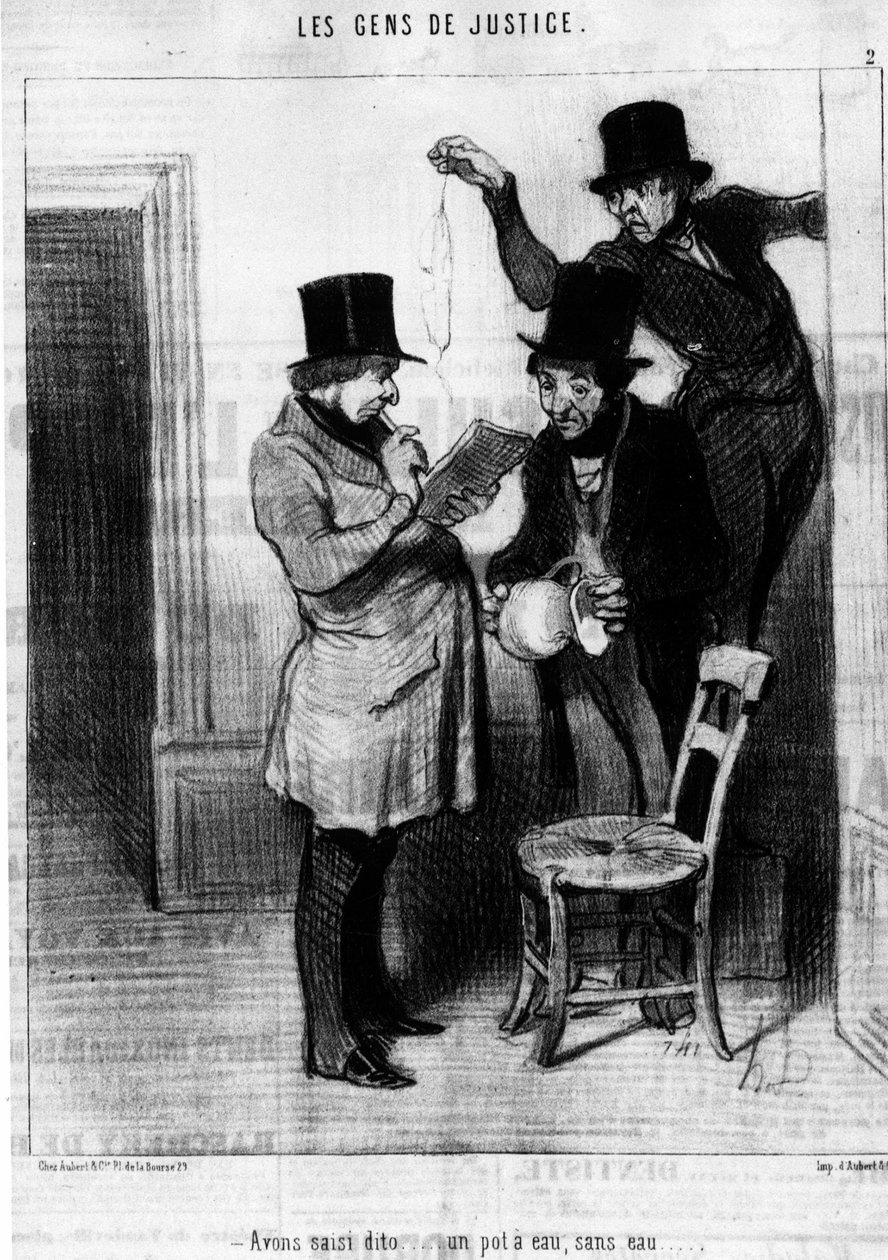 我们抓住了dito......一个水壶，没有水......，取自Honore Daumier（1808-1879）的 "Gens de Justice"，关于司法的系列漫画。"Charivari" 作者 奥诺雷·杜米埃
