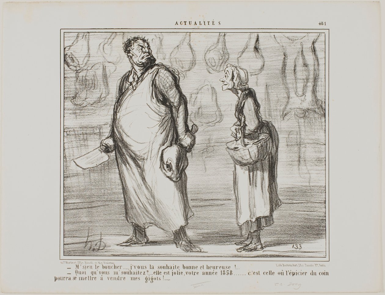 "屠夫先生，祝您新年快乐，身体健康......什么？这将是一个美好的新年，1858 年......街角的每个杂货店都能卖到我的羊肉！......"，摘自 Actualités 第 481 版 作者 奥诺雷·维克托林·杜米埃