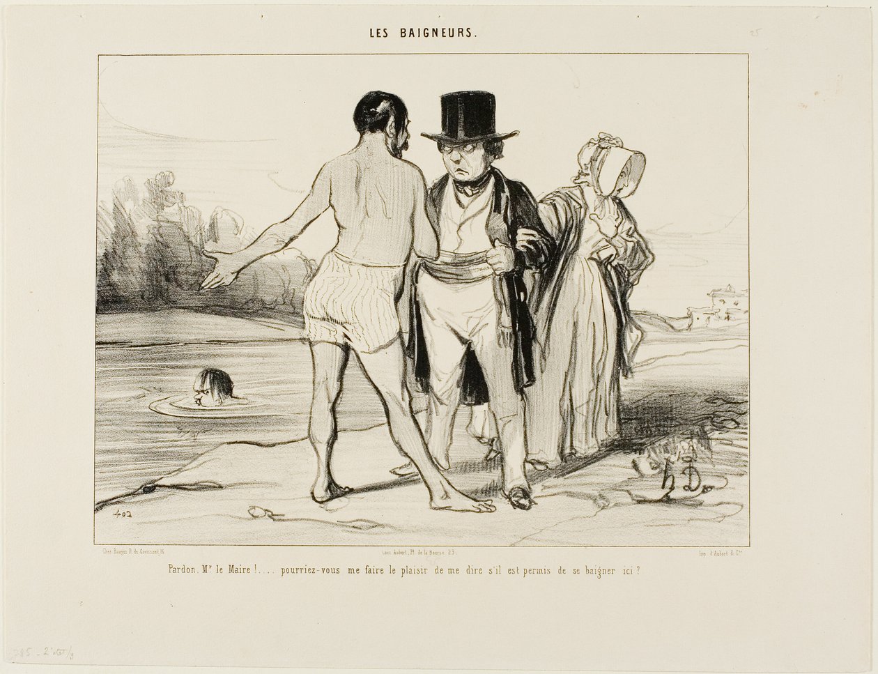 "对不起，Mayor....，请您告诉我这里是否允许游泳？"《Les Baigneurs》第 25 版 作者 奥诺雷·维克托林·杜米埃
